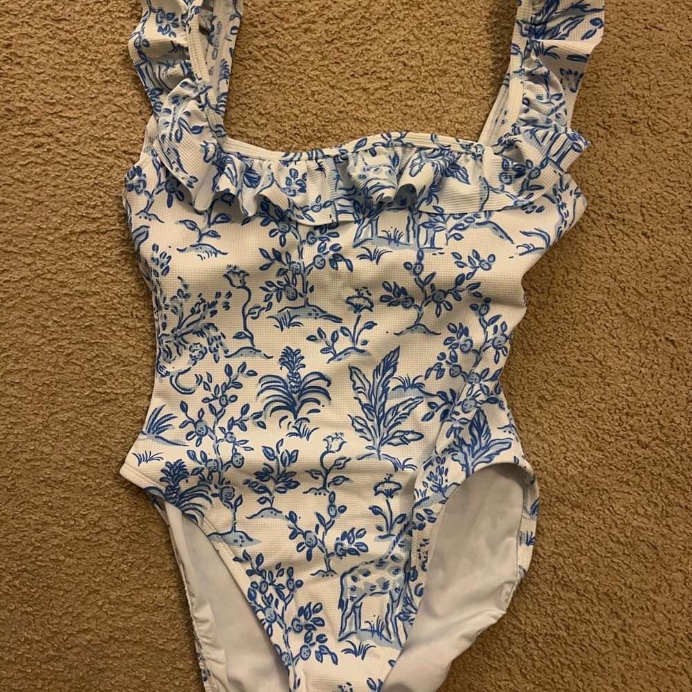 Lilly Pulitzer White and Blue Aemma Ruffle One Piece